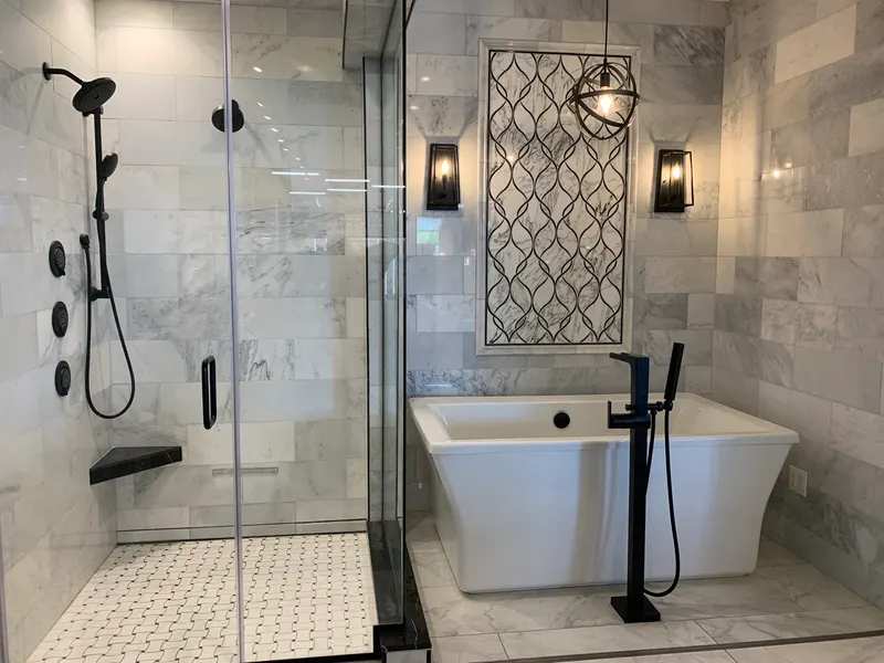 Marble bathroom remodel with frameless glass shower, Naperville IL