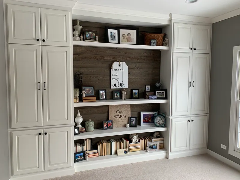 Floor-to-ceiling custom built-in bookcase with raised-panel doors and shiplap-backed open shelving, Naperville IL